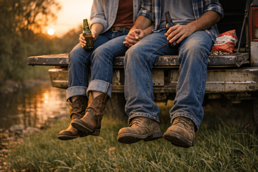 A couple sitting on a truck's tailgate, holding hands and holding beers.